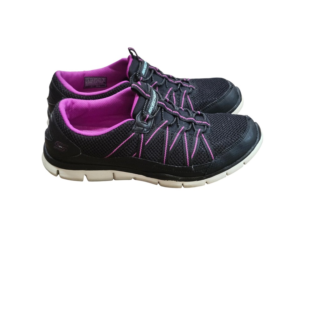 Skechers Relaxed Fit Womens Black Purple Mesh Bungee Slip On Walking Shoes 7.5